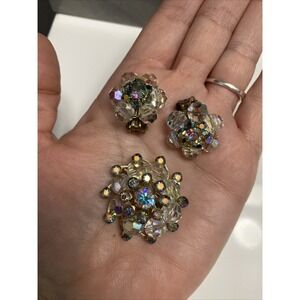 Vintage Aurora Borealis Brooch Rhinestone & Clip On‎ Earrings